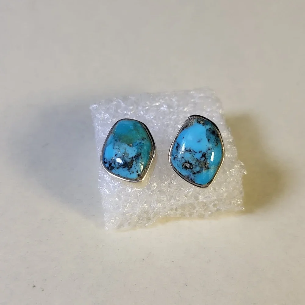 925 Sterling Silver Turquoise Bezel Stud Earrings Vintage Blue Marked